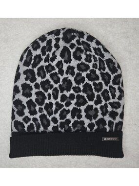 Michael Kors Women's Black Gray Leopard Print Knit Beanie Winter Hat